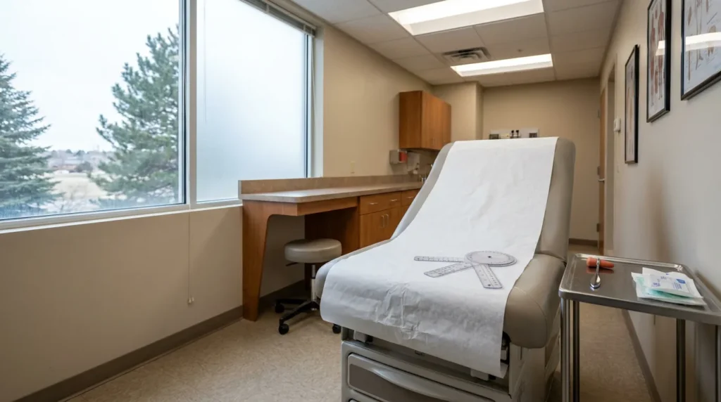 medical examination room with padded table, goniometer, and physician workstation