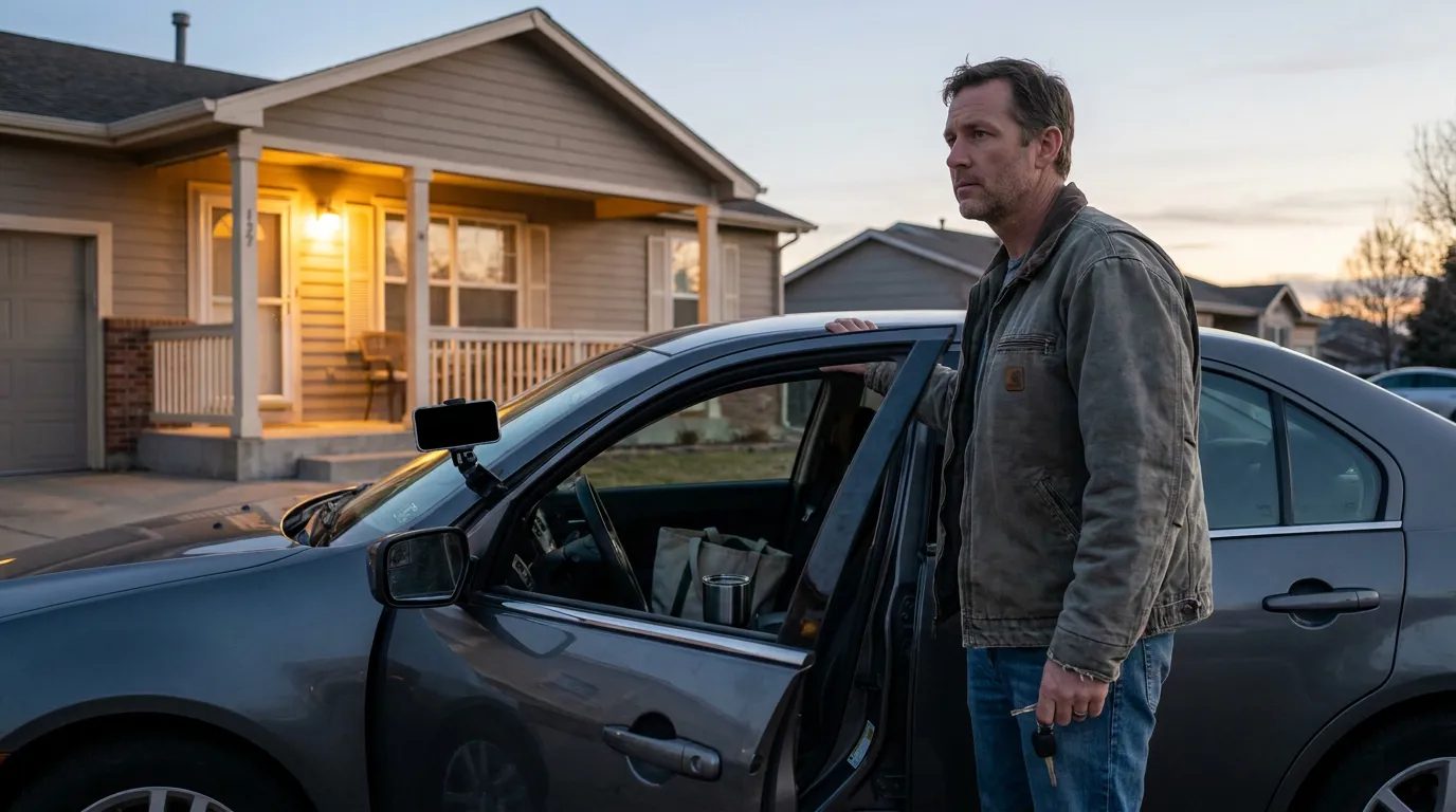 man holding car keys standing beside open sedan door outside residential home at dusk
